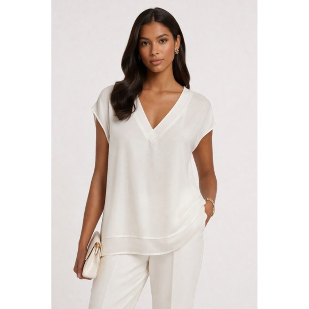 Les Serein Womens White V-Neck Mixed Media Tunic Top Tie Back Size L NWT